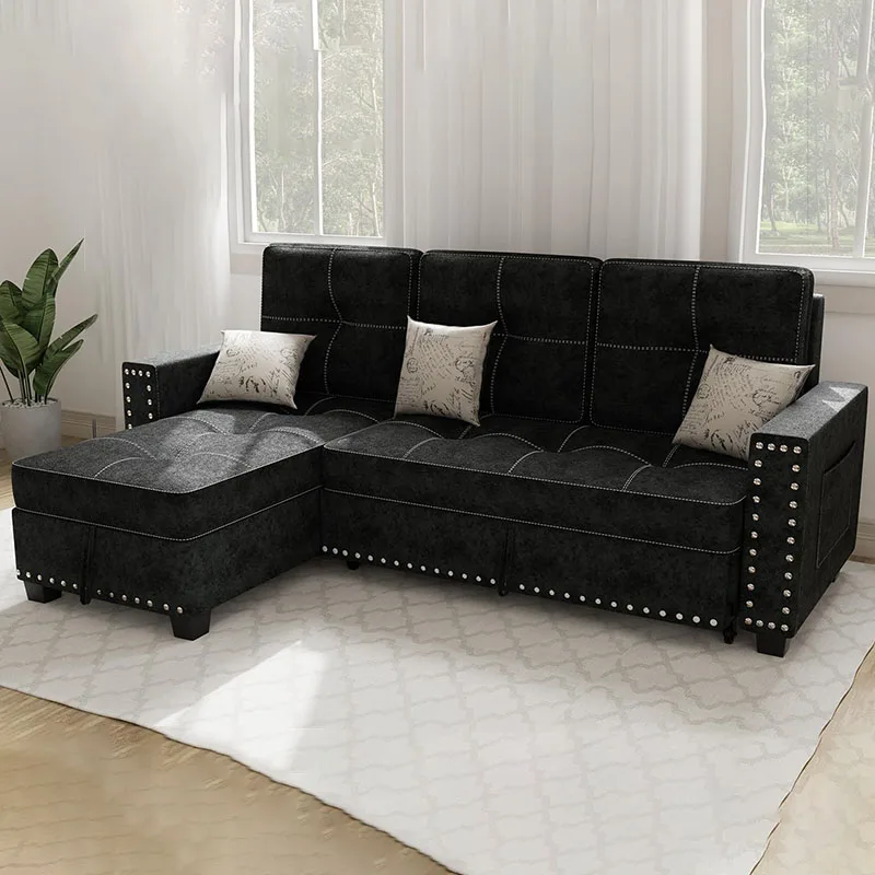 

Reversible Lazy Sectional Sofa, Sleeper Sofabed With Storage Pull Out Couch Bed For Livingroom Removable Backrest Linen Fabric