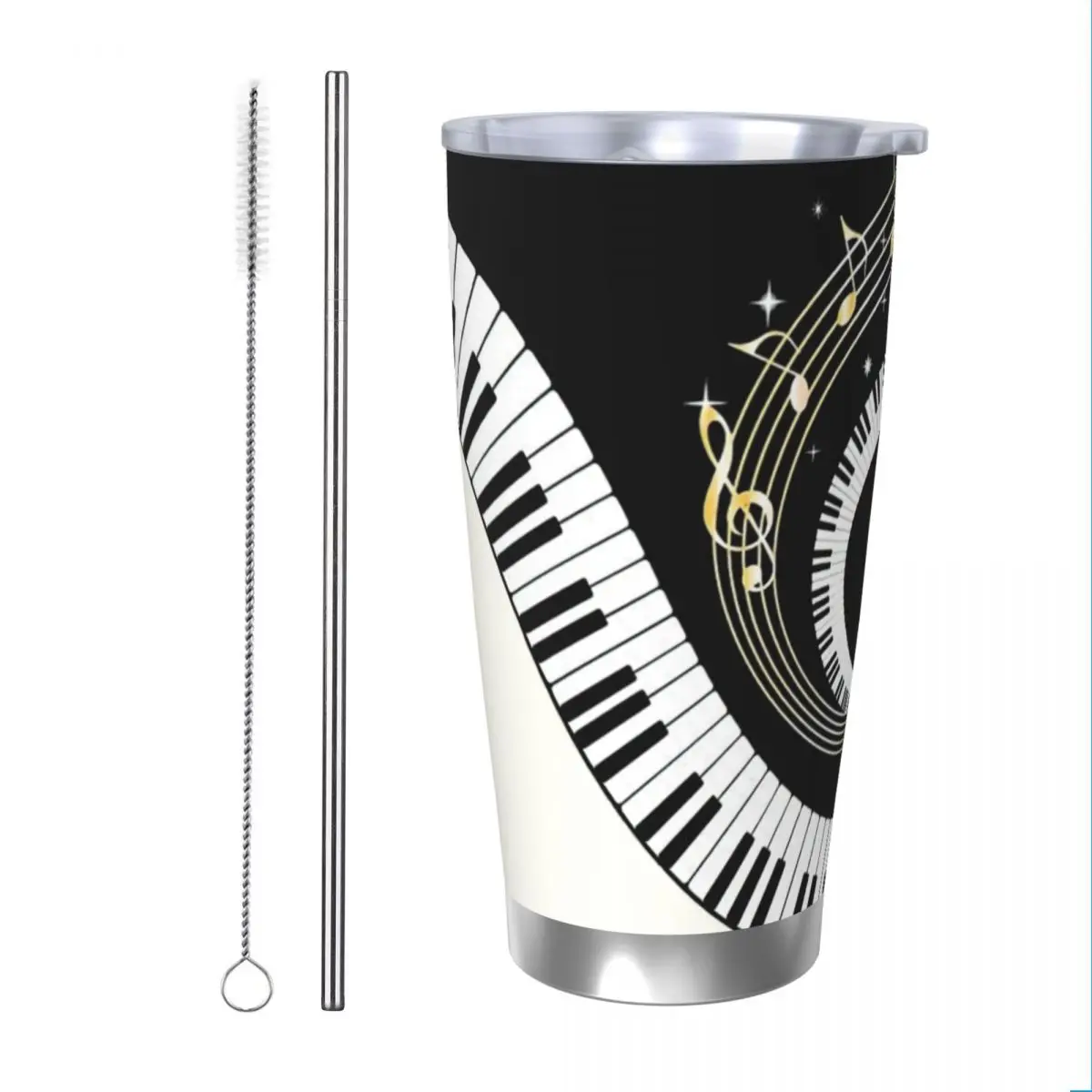 Piano Keyboard Art Insulated Tumbler with Straws Lid Music Note Stainless Steel Coffee Mugs Portable Hot Cold Drinks Cups, 20oz