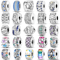 Silver Clasp 925 Sterling Silver CZ pave Clip Charms Daisy Beads Stopper Safety Chain fit Original Bangle Bracelet Jewelry Clip