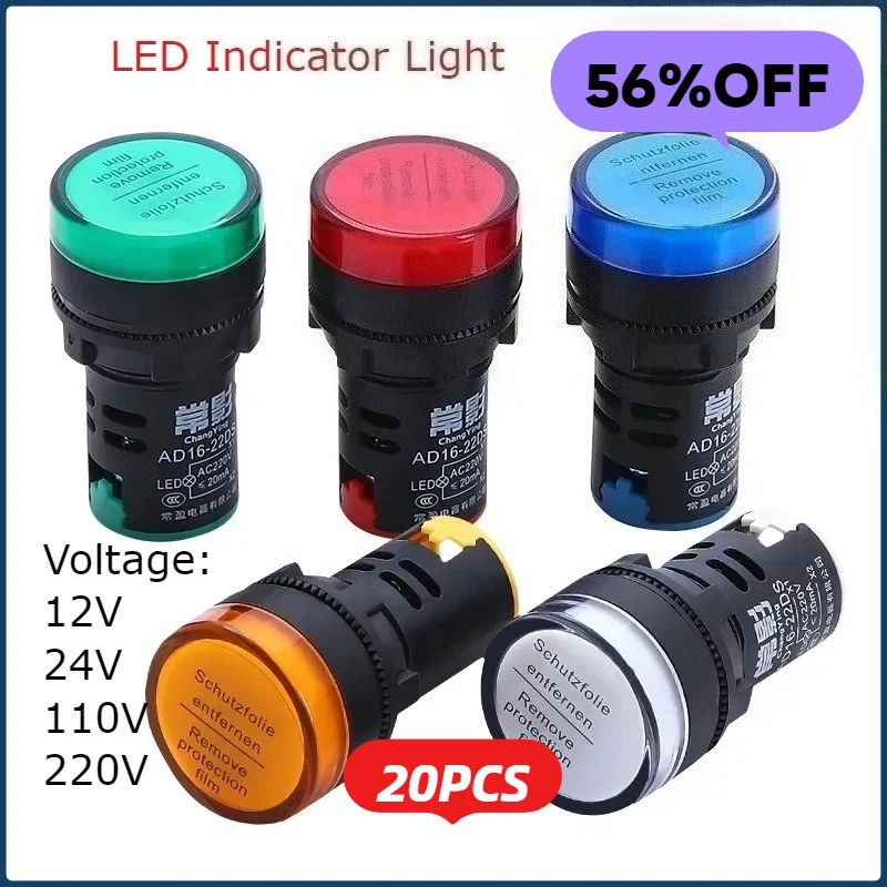 

20pcs 22mm LED Indicator LED Indicator Light 12V 24V 110V 220V Panel Mount LED Power Pilot Signal Light Lamp AD16-22DS