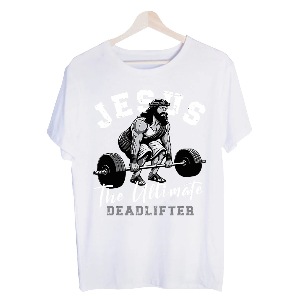 Men's Religious Figure Weightlifting Graphic Tee, Short Sleeve Crew Neck T-Shirt for Casual Gym and Everyday Wear