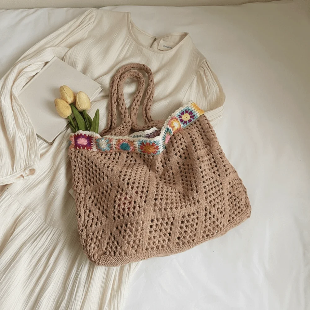 

Fashion Flower Knitting Shoulder Bag Large Capacity Solid Color Crochet Tote Bag Shopping Bag Hollow Woven Handbag Vacation
