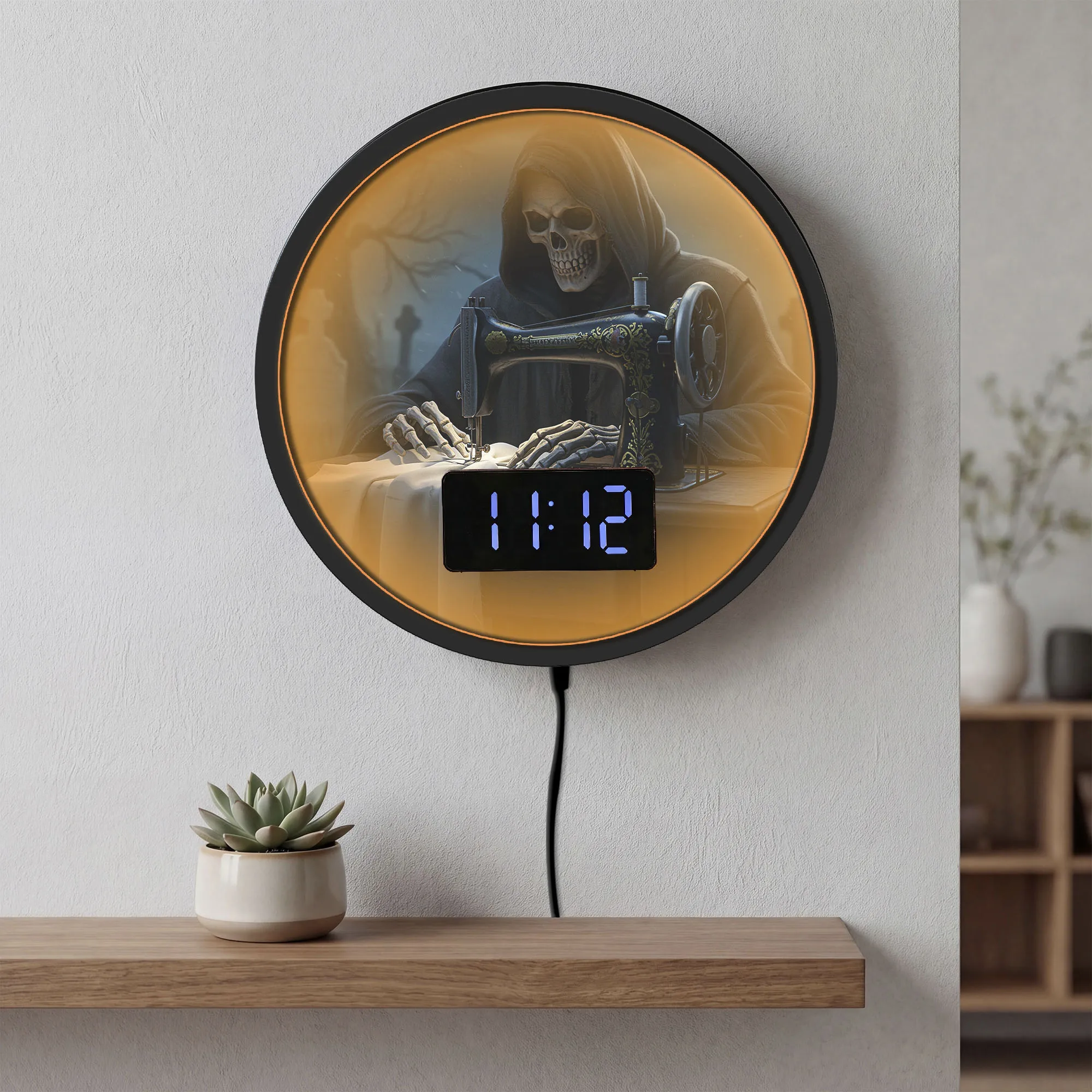 Grim Reaper Sewing Machine LED Digital Wall Clock with Temperature Calendar Date Gothic Skeleton Halloween Night Lamp Wall Clock