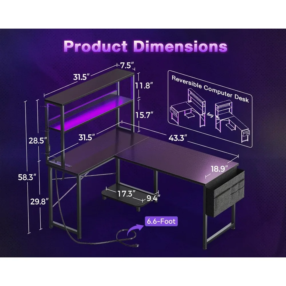 مكتب ألعاب على شكل حرف L مقاس 43 بوصة مع أضواء LED ومنافذ طاقة، وطاولة كمبيوتر قابلة للعكس مع مساحة تخزين للمكتب المنزلي
