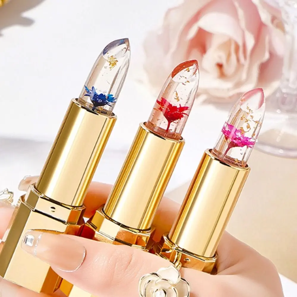 Rouge à lèvres Transparent en forme de fleur de gelée, baume hydratant et nourrissant, changement de couleur de température, feuille d'or longue durée