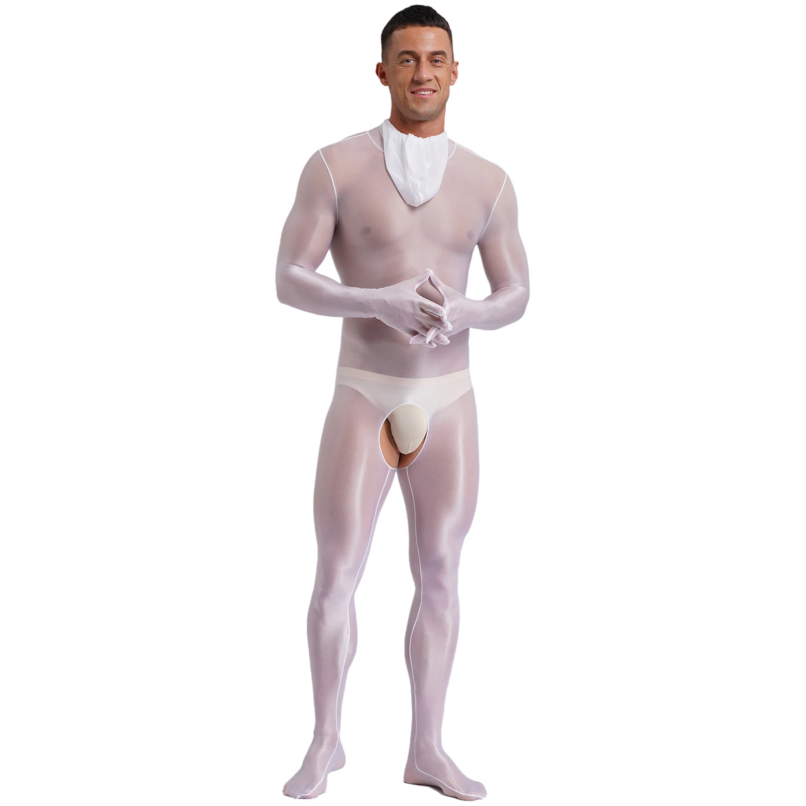 Mens Crotchless Back Zipper See-Through Sexy Bodystocking Lingerie Zentai Costume Glossy Full Body Stretchy Tights Full Bodysuit