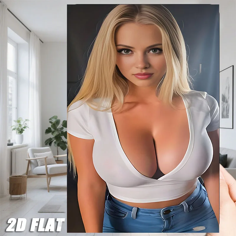 Sexy Blonde Girl in White Crop Top and Jeans Wall Art, Beautiful Woman Portrait Metal Tin Sign, Home Bar Cafe