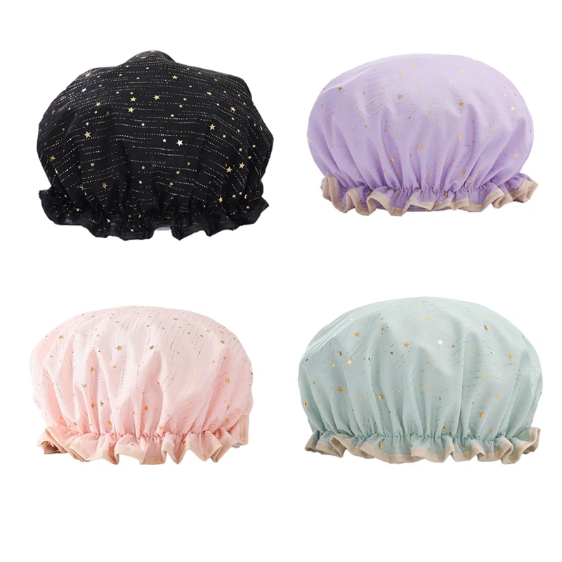 4 Pack Waterproof Reusable Shower Cap, Elastic Bathing Shower Hat Double Layers Bathing Hair Cap Bath Cap