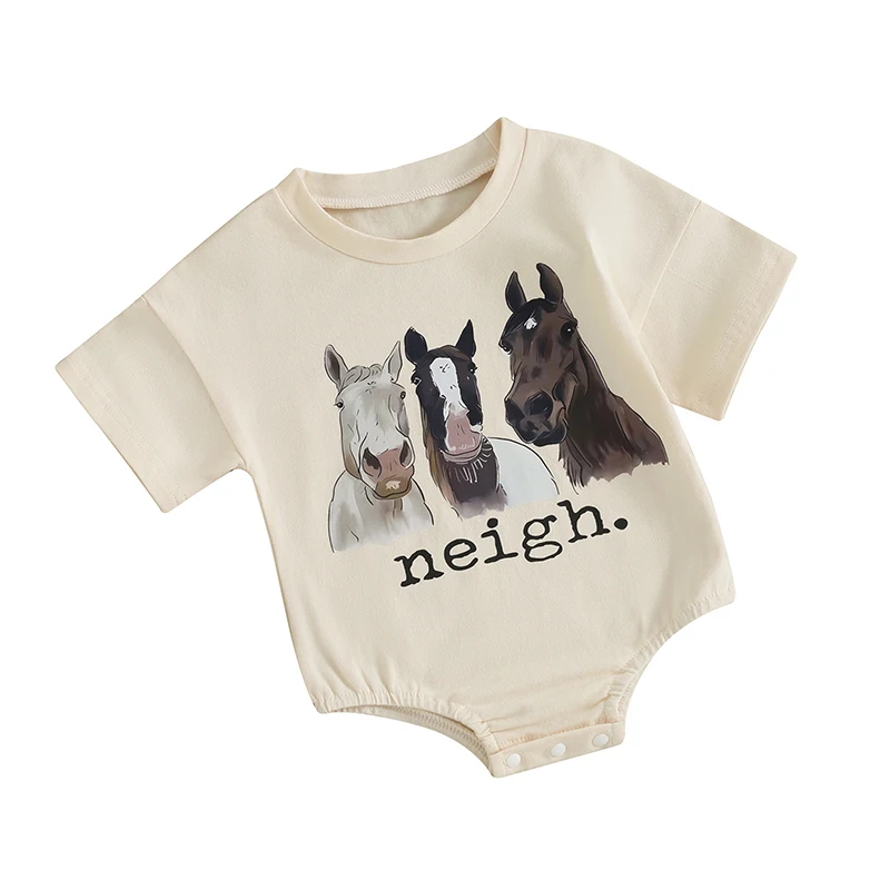 

Baby Girls Boys Summer Romper Short Sleeve Crewneck Letter Horse Head Print Casual Romper