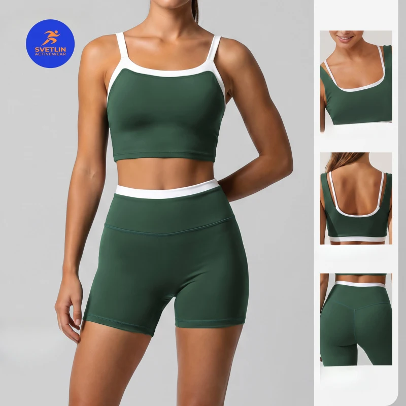 

SVETLIN EU US Size Luxury Quality Active Wear Color-Block Yoga Outfit Set with Beautiful Back High-Waisted Sports Pants Set