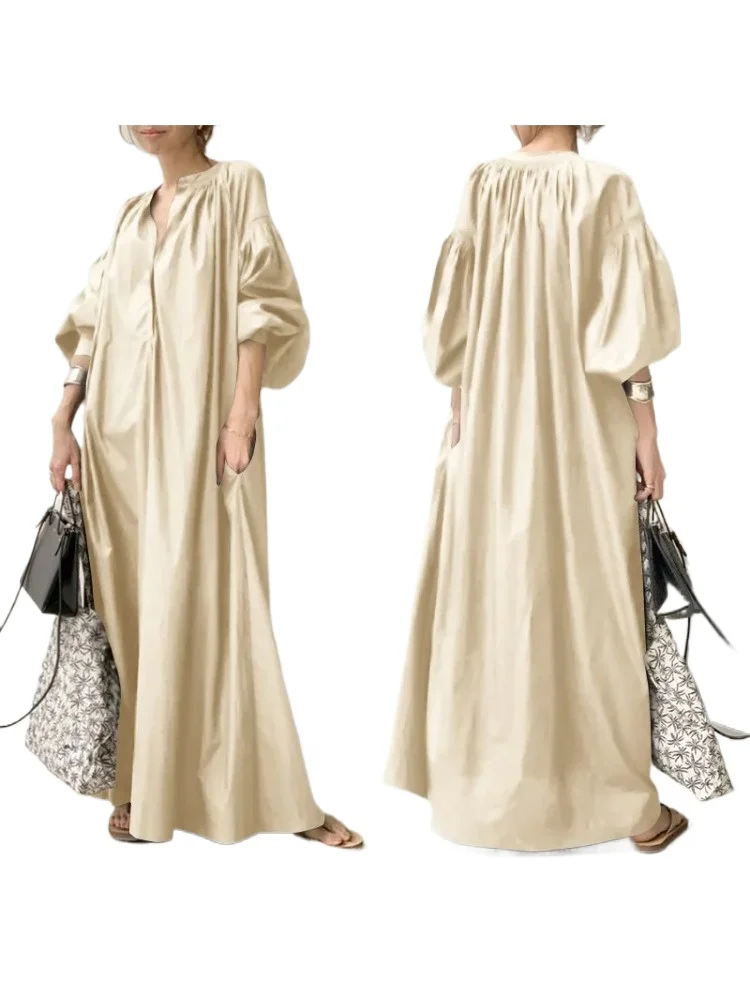 

High Quality Cotton Summer Elegant Solid Shirt Dress Women Cozy Sundress Casual Lantern Sleeve Maxi Vestidos Female V Neck Robe