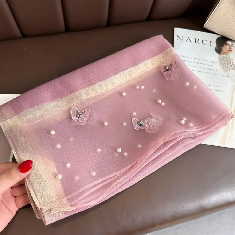 

Элегантный тонкий шелковый платок с крупной вышивкой в виде жемчужной бабочки, роскошные накидки, женские хиджабы, шали для весны и осени