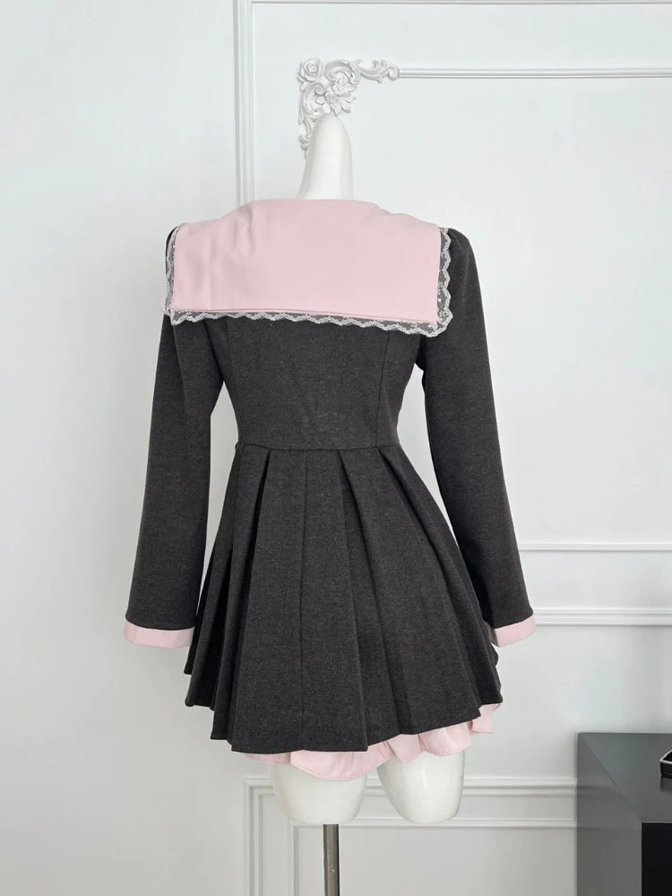 Kobiety College Preppy Mini Sailor Collar Dress Korean Shoujo Girl Frock Long Sleeve One-Piece 2000s Sweet Japanese Y2k Bow JK New