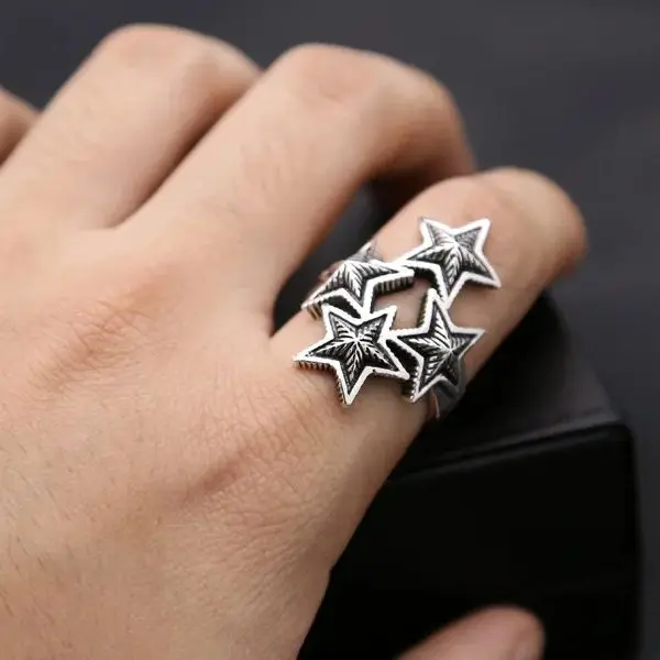 Anillo de plata de ley S925 con personalidad, joyería punk, retro, Estrella pentagonal exagerada, apertura como regalo de amor