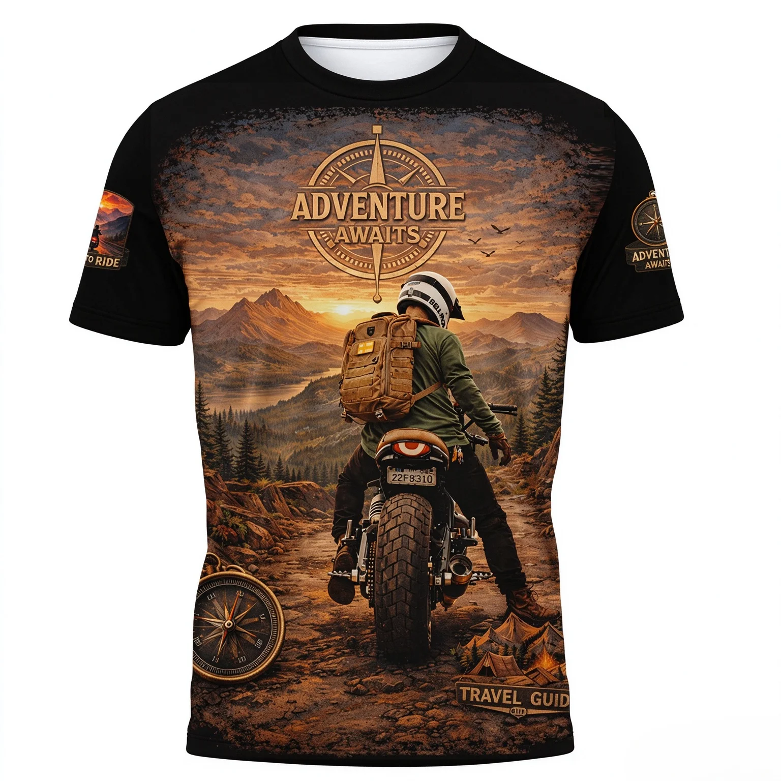 Men Sunset Motorcycle Trip T-Shirt, Quick Dry & Breathable. Mountain Rider Print for Road Travel and Biker Casual Wear