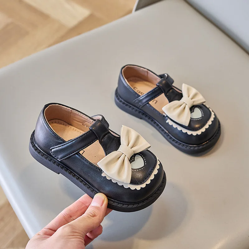 Girls Loafers T-Strap Cute Bow Children Lolita Style Fashion Kids Leather Shoes Round-toe 2024 Spring Summer Lace Princess Flats