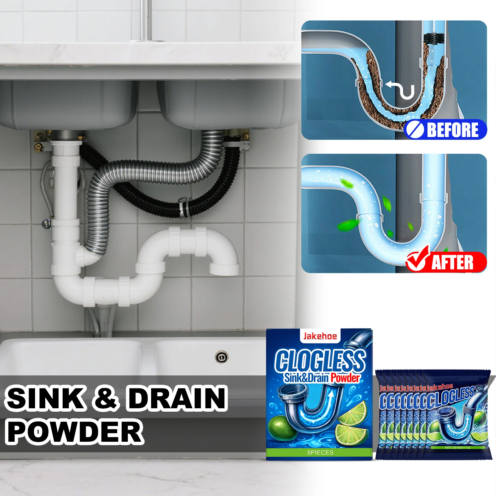 JAKEHOE 8Pcs/Box Clogless Sink Drain Dredging Powder Quickly Dissolve Grease Food Residue Powerful Remove Blockages Protect Pipe