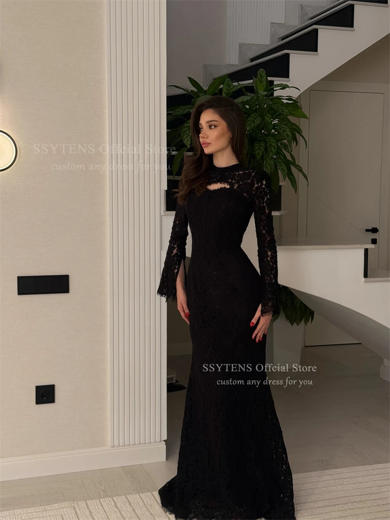 SSYTENS Elegant Black Mermaid Evening Dresses Full Lace Long Flare Sleeves Women Dubai Bridal Gown Vestido De Noiva Customized