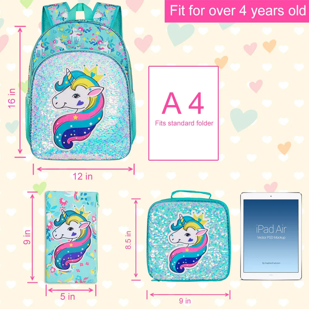 3PCS Unicorn Backpack for Girls, 16\
