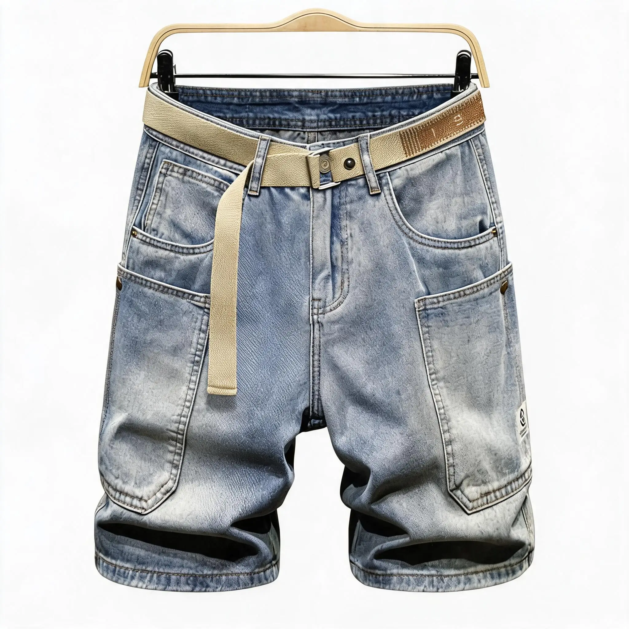 Summer New American Big Pocket Straight Leg Stretch Cargo Denim Shorts Men's Casual Loose Sport High Quality Denim Shorts