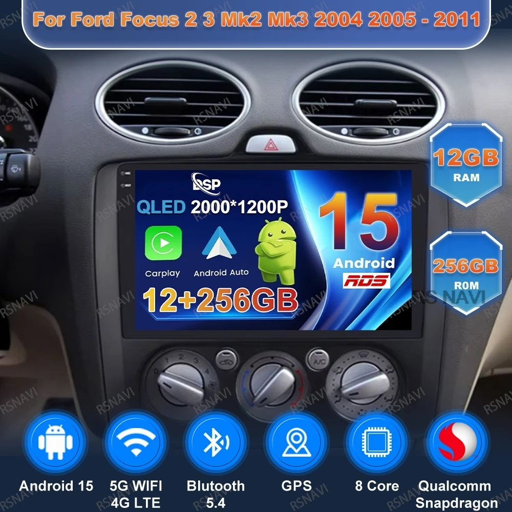Rádio do carro de android 15 para ford focus 2 3 mk2 mk3 2004 2005 - 2011 autoradio navegação 4g lte dvd qled qualcomm estéreo 5g wifi bt