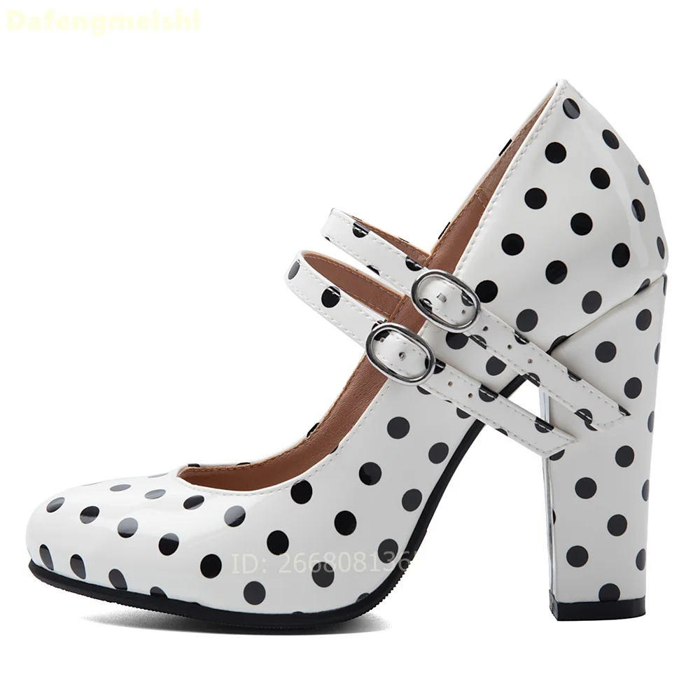 White Black Polka Dot Patent Mary Jane Pumps Round Toe Double Strap Buckle Block Chunky Heels Sandals Women Office Summer Shoes view 2