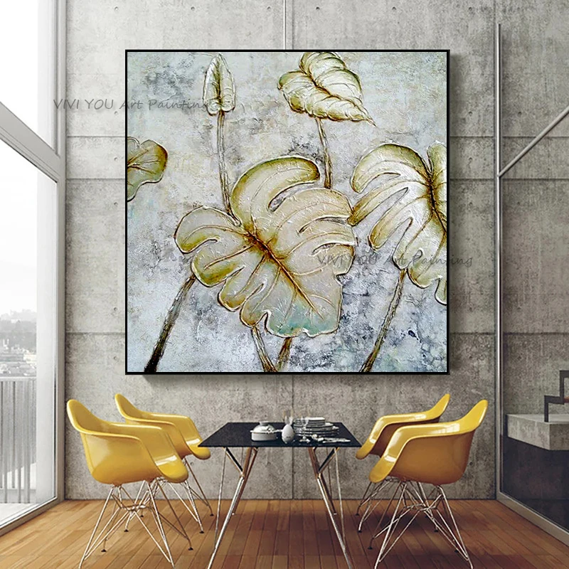 Gold Textured Monstera Leaf Oil Painting Handpainted Square Canvas Wall Art for Stairwell Neutral Minimalist Tropical Home Decor