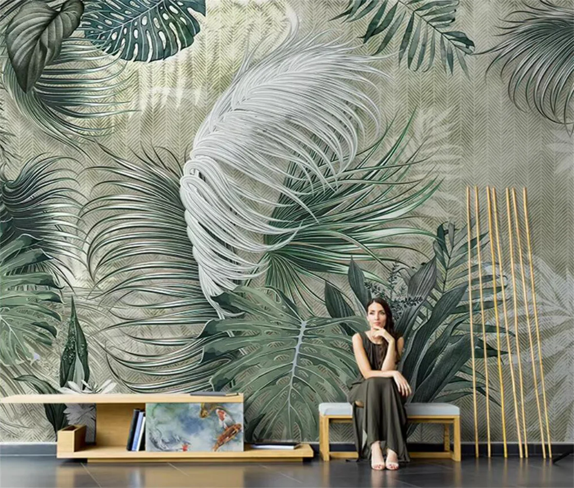 

papel de parede Customized 3d wallpaper European hand drawn leaf wall paper art living room blue mural TV background wall