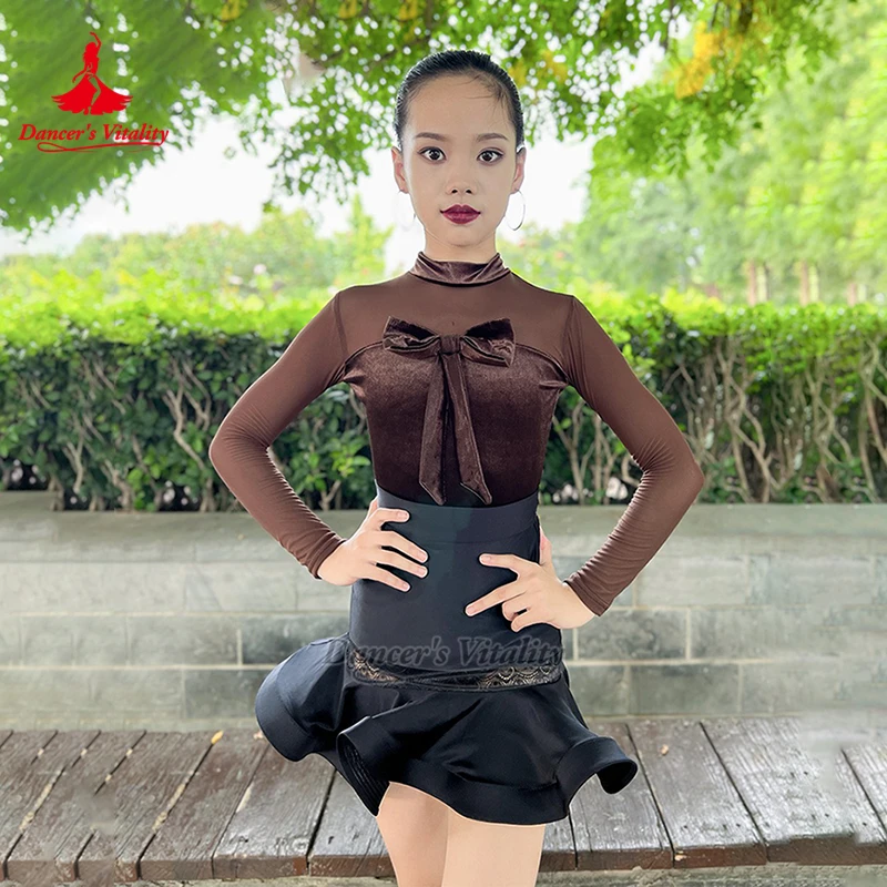 

Подростковые латинские коричневые украшения с бантом, топы с длинными рукавами + юбка с запахом на бедрах, комплекты из 2 предметов, одежда для танцоров, чача-самбы