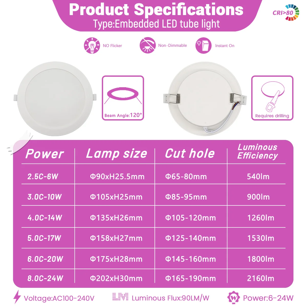 2PCS LED Downlight LED Ceiling Spot 3 colors  AC100-240V 6W 10W 14W 17W 20W 24W Recessed in Downlight Light Cold Warm white Lamp