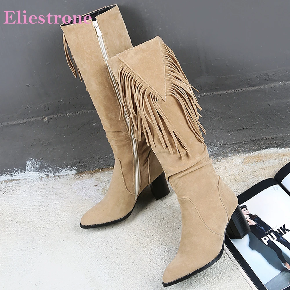 

2025 New Winter Fashion Beige Black Women Knee High Boots Square High Heels Lady Party Shoes Plus Big Size 12 33 43 45 48