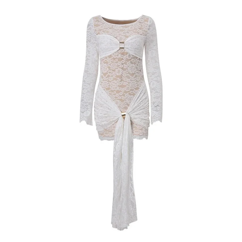 فستان قصير أنيق برقبة دائرية وأكمام طويلة من الدانتيل شفاف للنساء لحفلات الخريف والعطلات على الشاطئ ومظهر مثير للسهرة والتاريخ #5