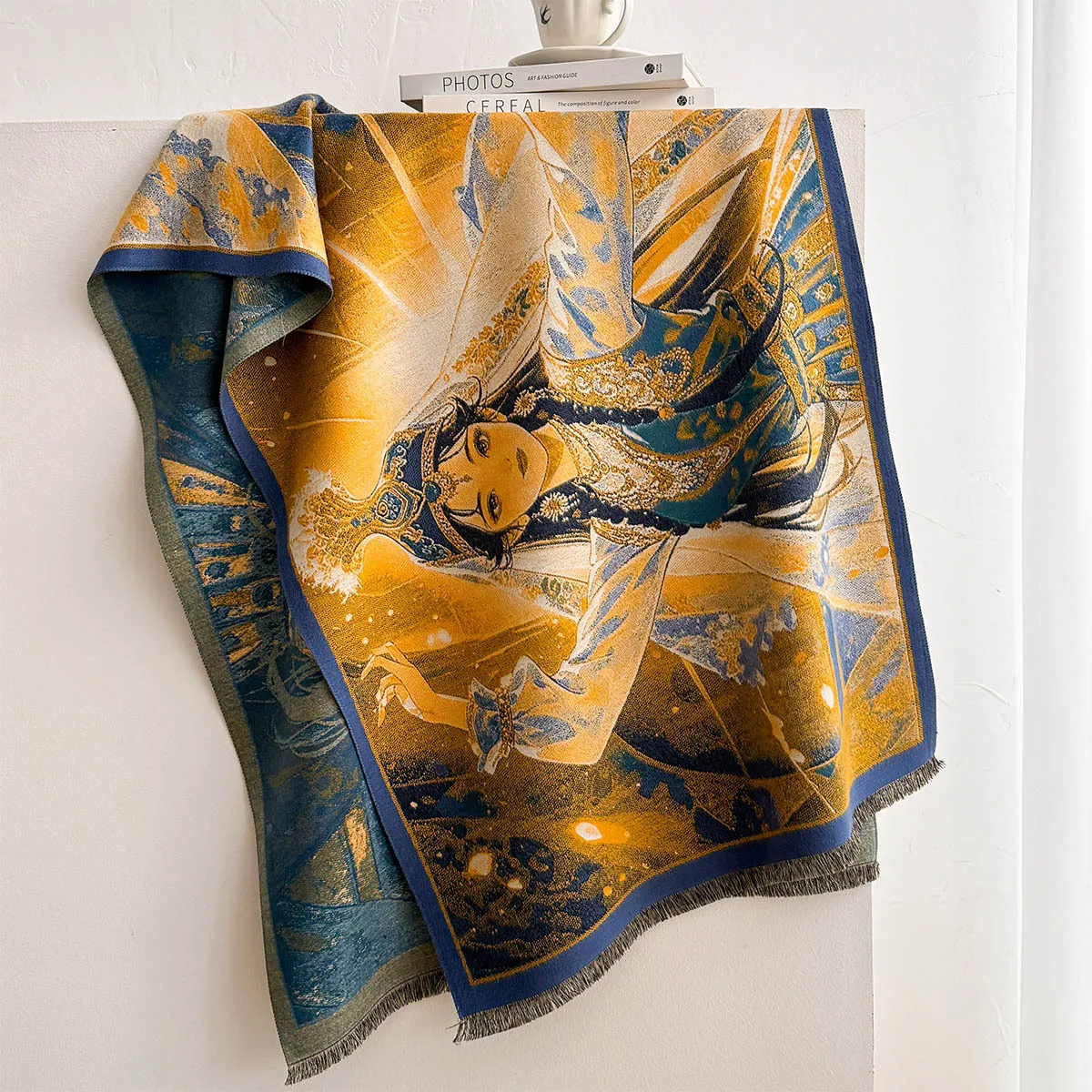 Women Autumn Winter Imitation Cashmere Neck Scarf Reversible Dunhuang Flying Apsaras Maiden Oil Painting Design Tassel Shawl