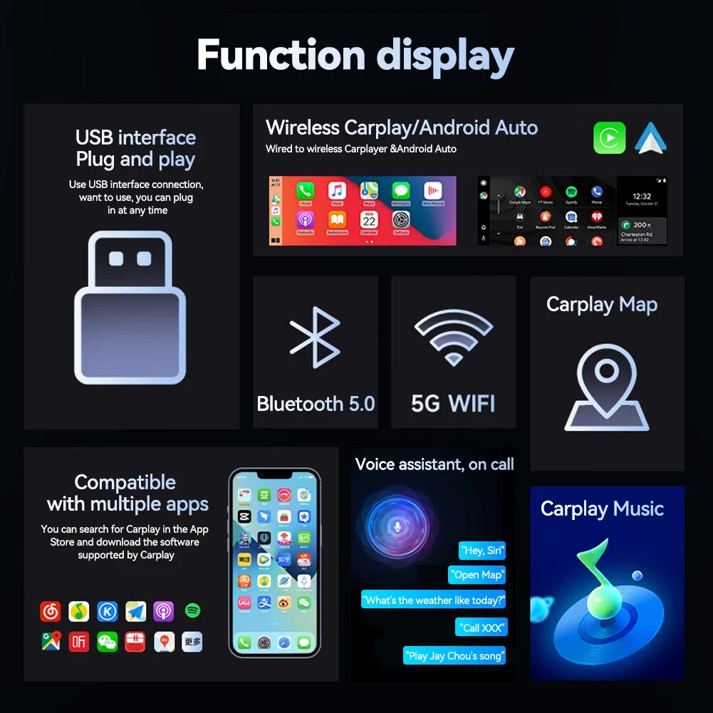 Carplay أندرويد السيارات محول لاسلكي لتويوتا مازدا نيسان كامري سوزوكي سوبارو سيتروين أودي مرسيدس كيا فورد أوبل سبوتيفي BT
