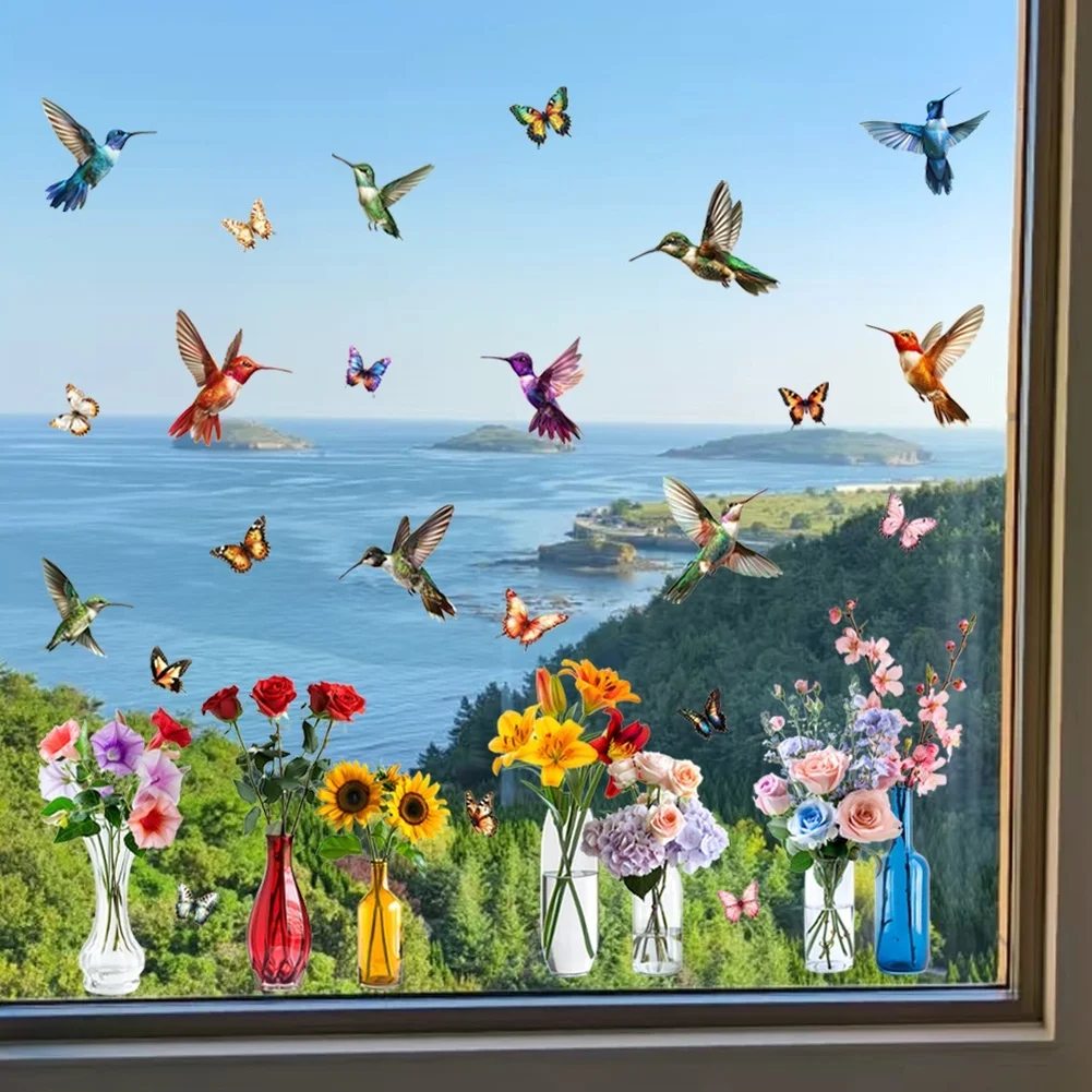 Removable Static Cling Window Decals, Floral Basket Bird & Butterfly Pattern, Reusable Glass Decor Sticker, Art Ornament