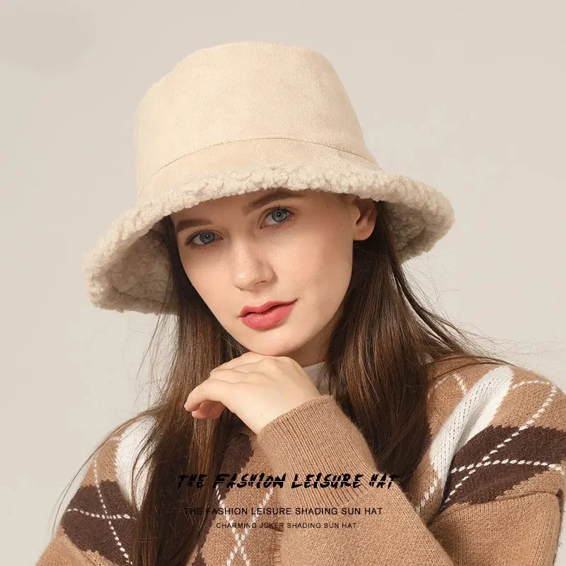 Reversible Faux Shearling Bucket Hat Warm Winter Autumn Panama Hat Unisex Outdoor Thermal Insulated Fisherman Cap Bob Chapeau