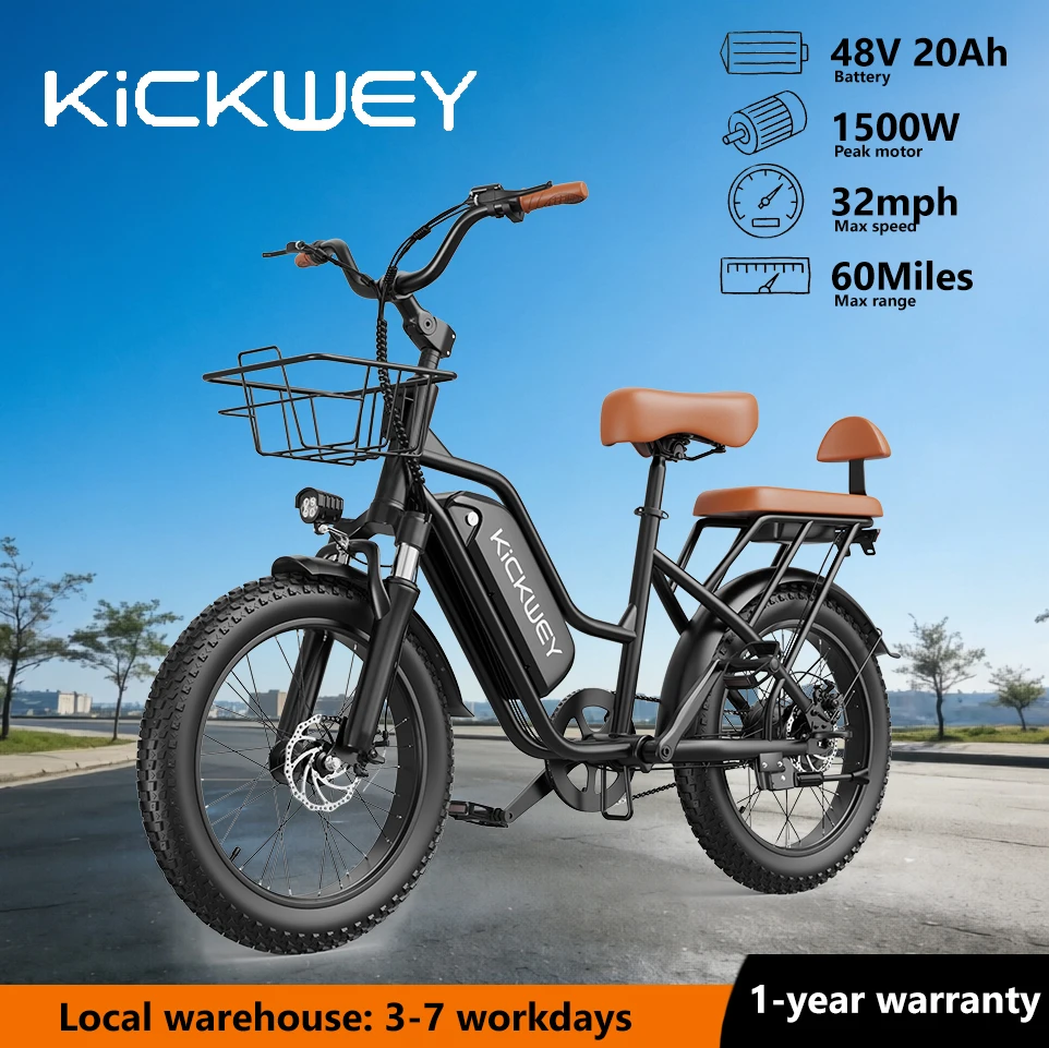 

Kickwey LD20 Electric Bike for Adults 2 Seater 20" Fat Tire Ebike 1500W Peak 48V 20Ah Removable Battery City Commuter E-Bike