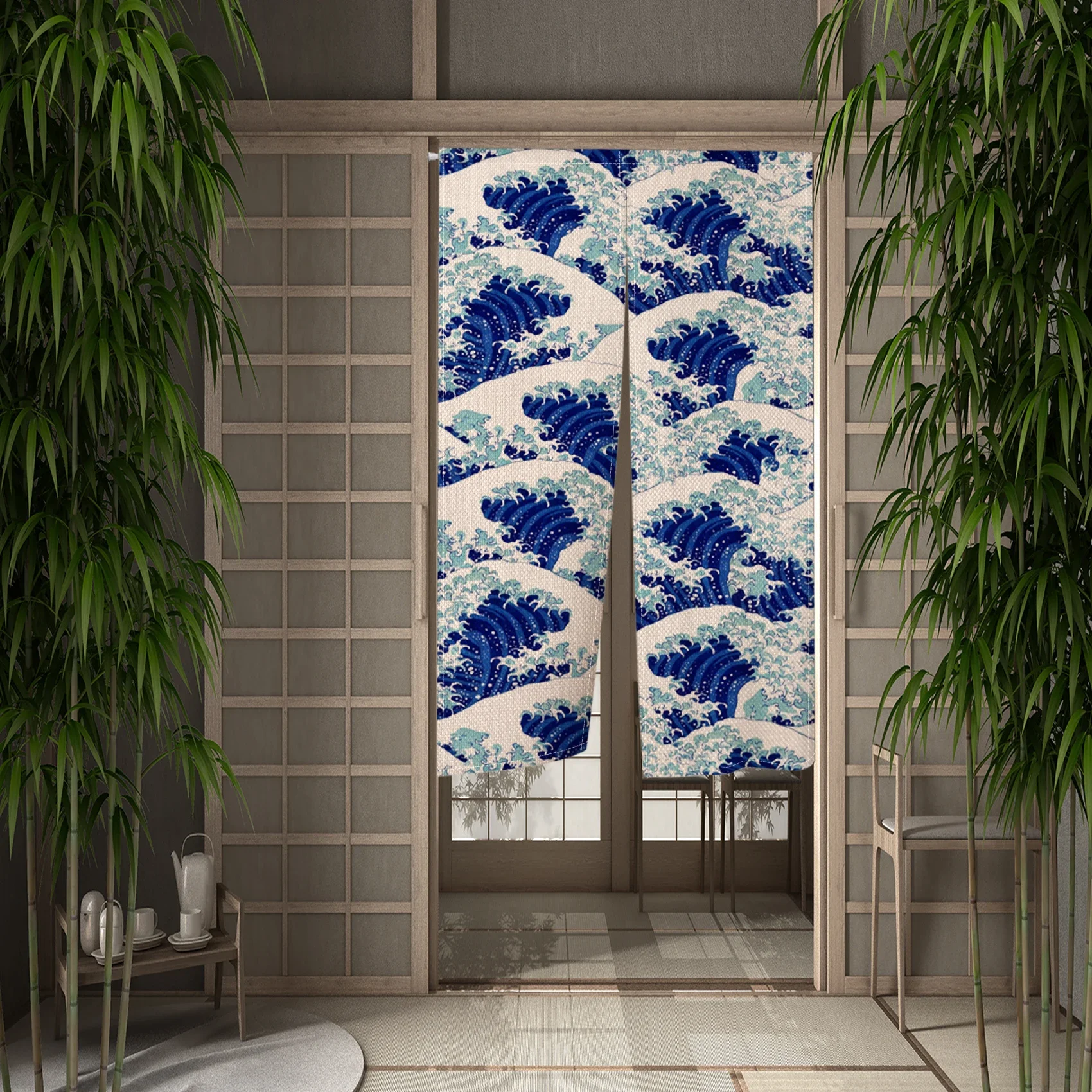 Japanese Door Curtain Kanagawa Waves Ukiyo-e Printed Doorway Curtain Room Kitchen Partition Drape Entrance Hanging Half-Curtains