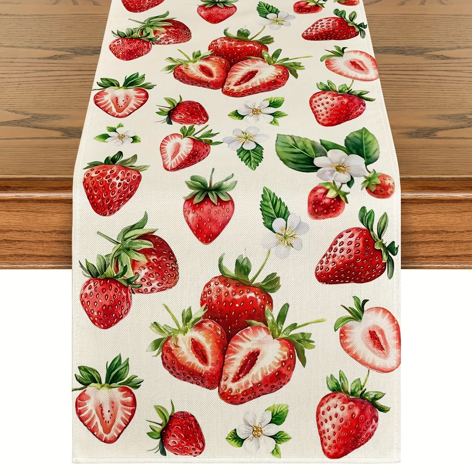 1pc Strawberry Wildflowers Table Runner - Vibrant Red Fruit Design Green Leaves & White Flowers Seasonal Kitchen Dining De