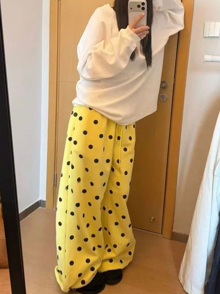 

HOUZHOU Harajuku Vintage Sweatpants Women Yellow Polka Dot Y2k Oversize Pants Hip Pop Casual Retro Streetwear Wide Leg Trousers