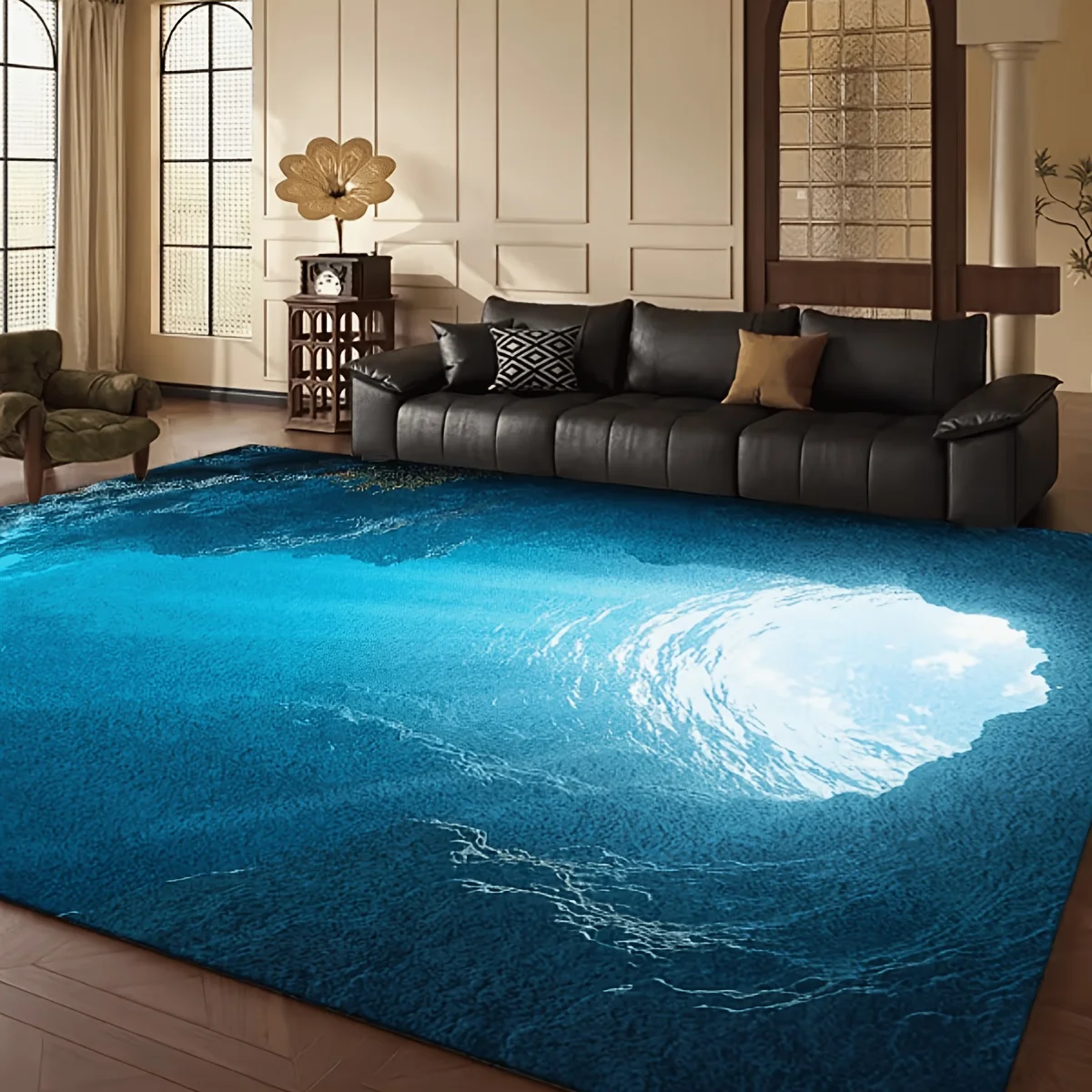 Modern Ocean Cave Print Decor Rug, Floor Mat for Large Living Room, Bedroom, Bathroom, Terrace, Round Window Decor