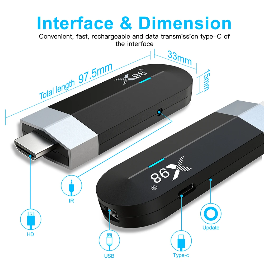 X98 TV Stick z systemem Android 11.0 Dongle TV 4GB 32GB procesor Amlogic S905Y4 czterordzeniowy 2.4G 5GHz Wifi BT4.X 1080P H.265 HD 4K AV1 odbiornik