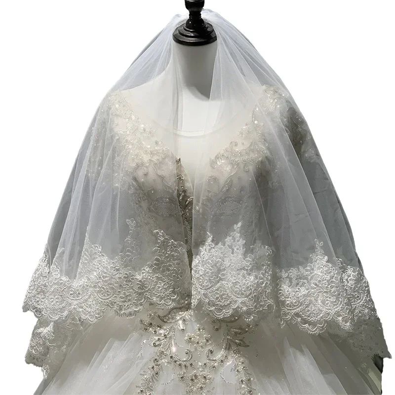 Luxury Embroidered Lace Double Layers Tulle Wedding Veils With Comb Metal Hair Comb short Bridal Veil