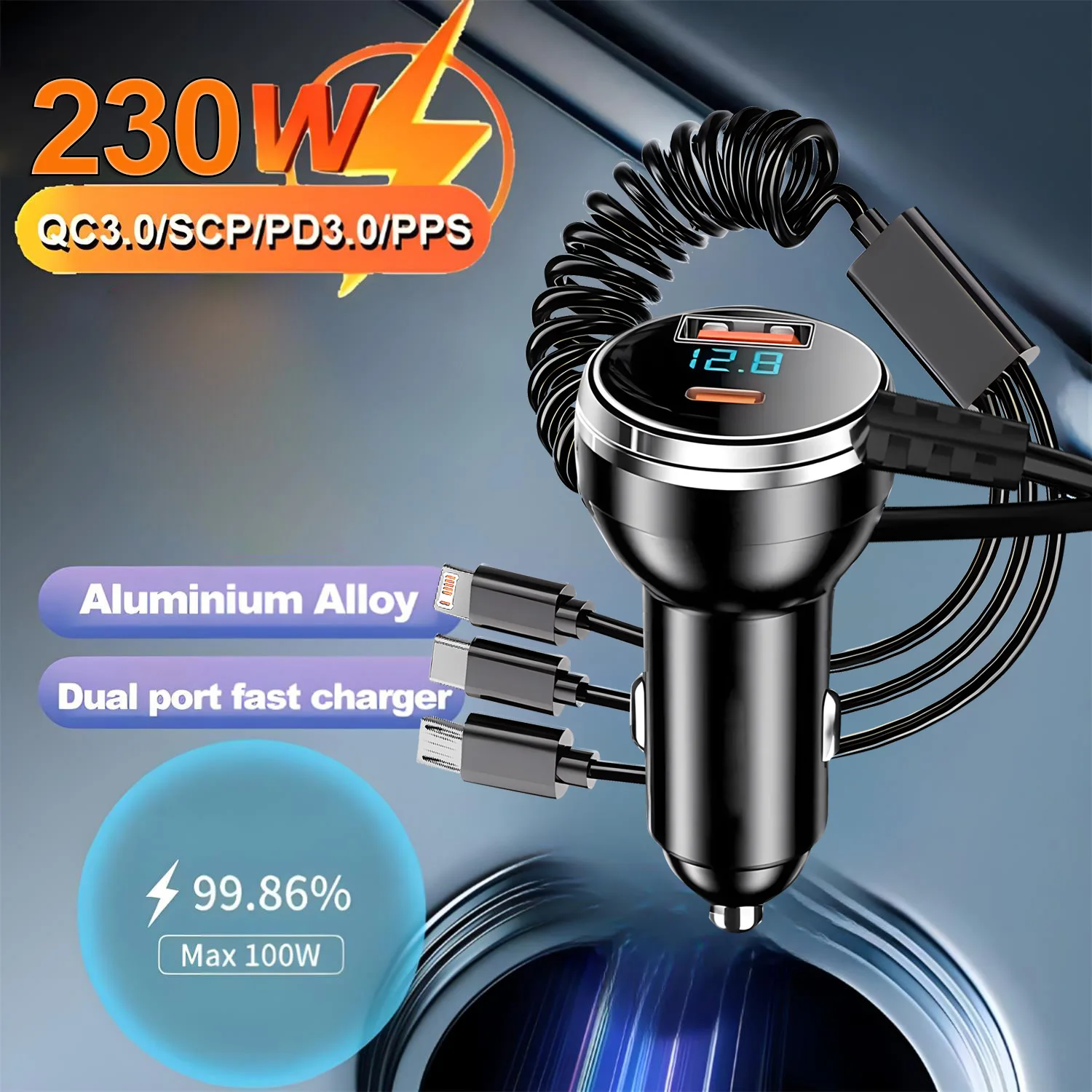 230 W 5-Port-Autoladegerät, PD QC3.0 USB-C Schnellladung für iPhone Samsung Huawei Xiaomi – Multi-Device im Auto