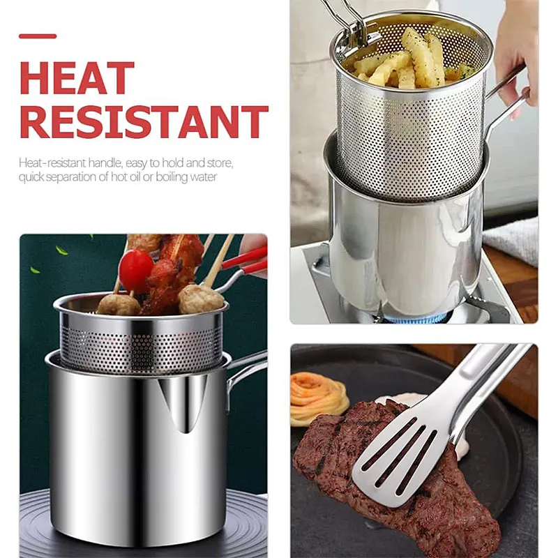 Stainless Steel Deep Fryer Pot Japanese Tempura Small Deep Frying Pan With Strainer Basket for French Fries Chicken Kitchen Pans