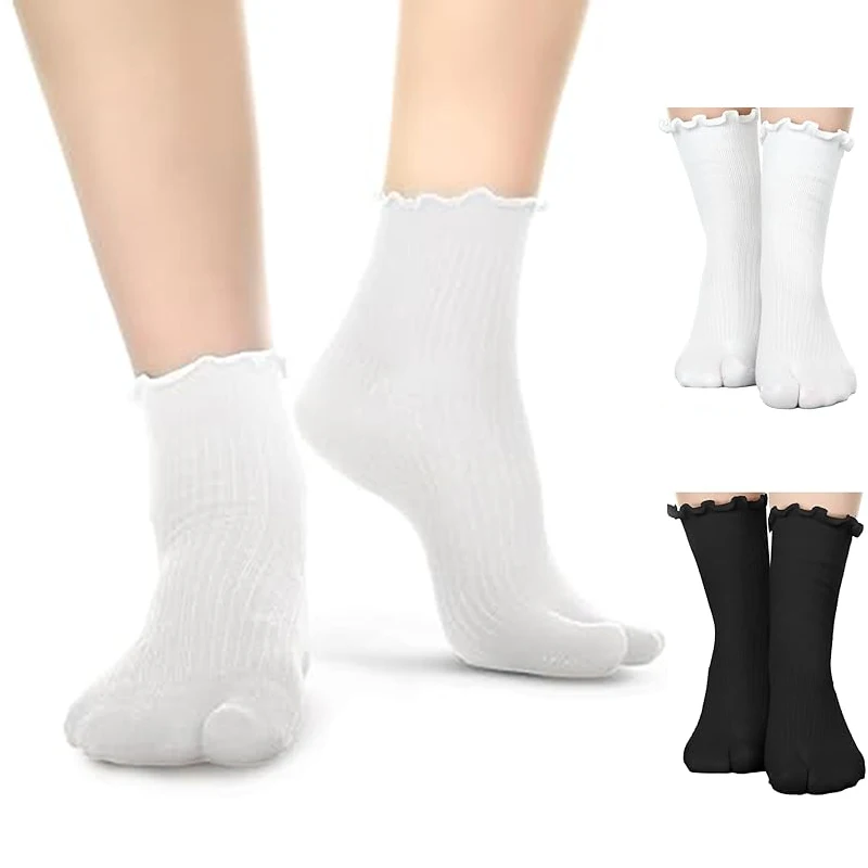 3 Pairs/Lot Tabi Socks Women Casual Two Toe Socks Cotton Split Toe Socks Elastic Ruffle Socks