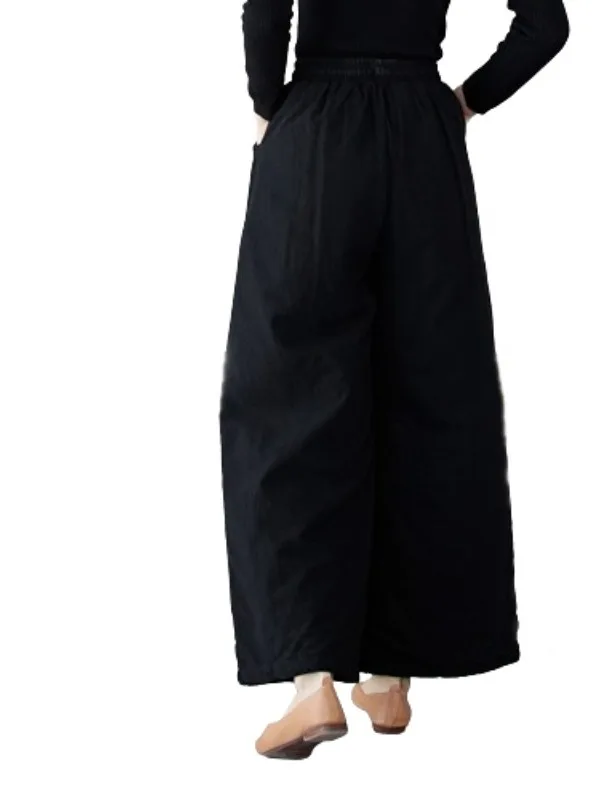 温かい綿麻ストレートレッグパンツ、カジュアルワイドレッグロングパンツ、プラスサイズ女性向け、秋冬、ミッドウエストベルト付き...