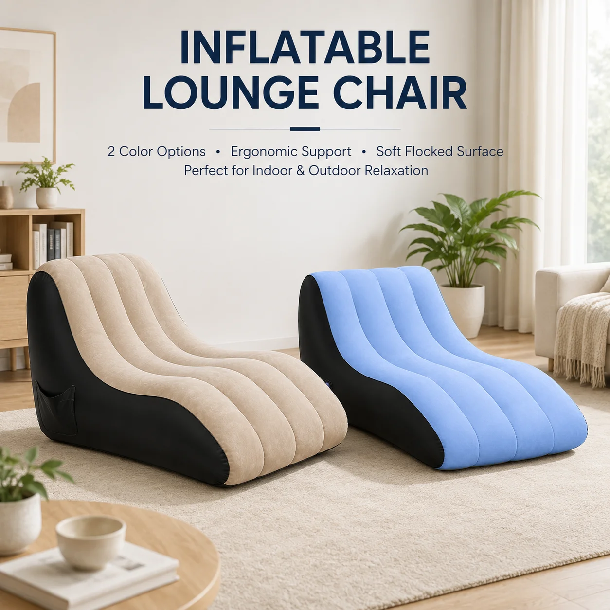 1pc Inflatable Lounge Chair, Ergonomic Flocked Chaise Sofa with Side Pocket for Bedroom, Living Room, Patio and Camping
