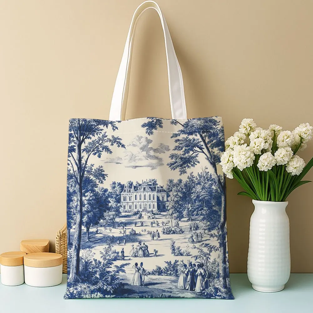 1pc French Blue & White Chateau Landscape Printed Tote Bag, reusable shopping bag, suitable for daily use,shopping,school,travel