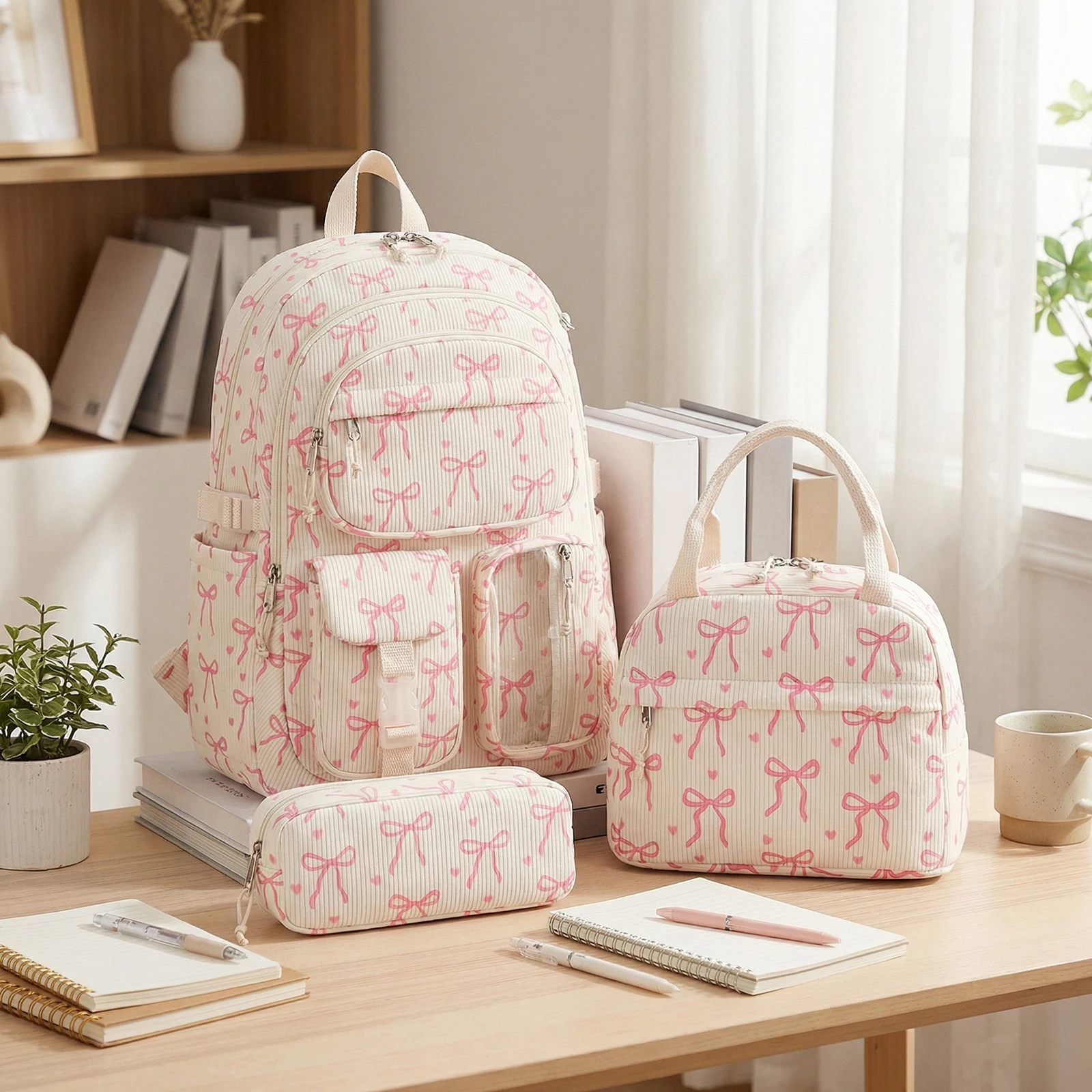 Women Bow Corduroy Backpack Large-capacity Bookbag with Lunch Bag and  Bookpack for Elementary Middle  Students